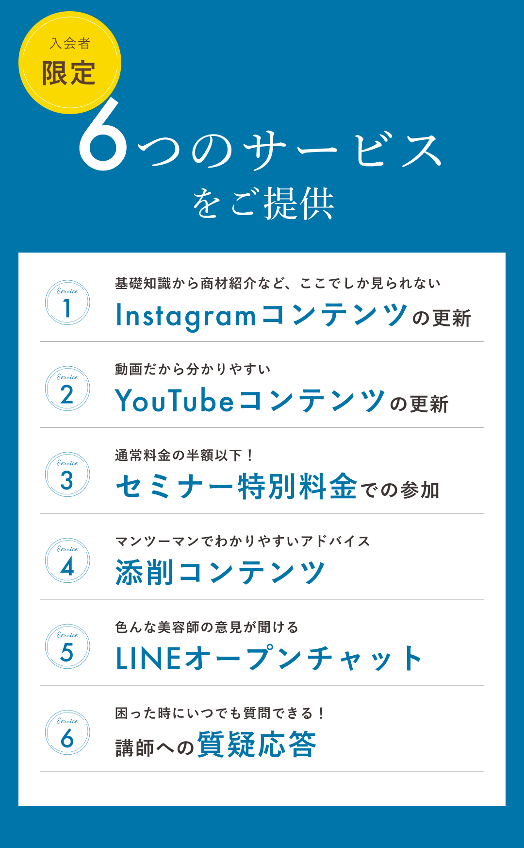 6つのサービスをご提供。1.Instagramコンテンツの更新 2.YouTubeコンテンツの更新 3.セミナー特別料金での参加 4.添削コンテンツ 5.LINEオープンチャット 6.講師への質疑応答